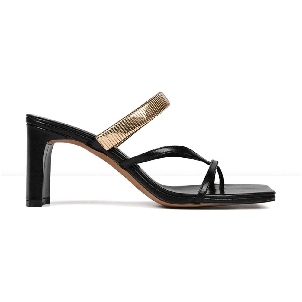 Black and Gold Square Open Toe Heeled Sandals Heels 8.5